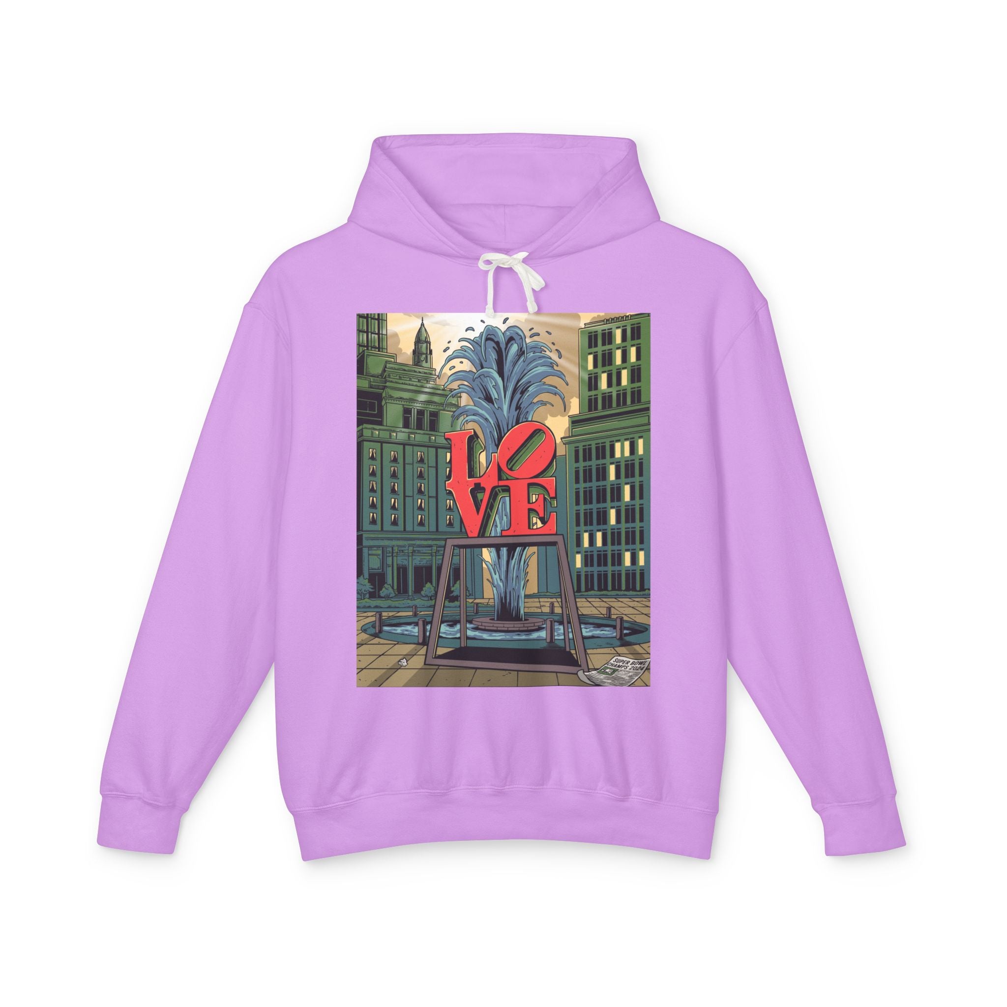 LOVE Fountain Hoodie — Retro Cityscape Graphic Pullover
