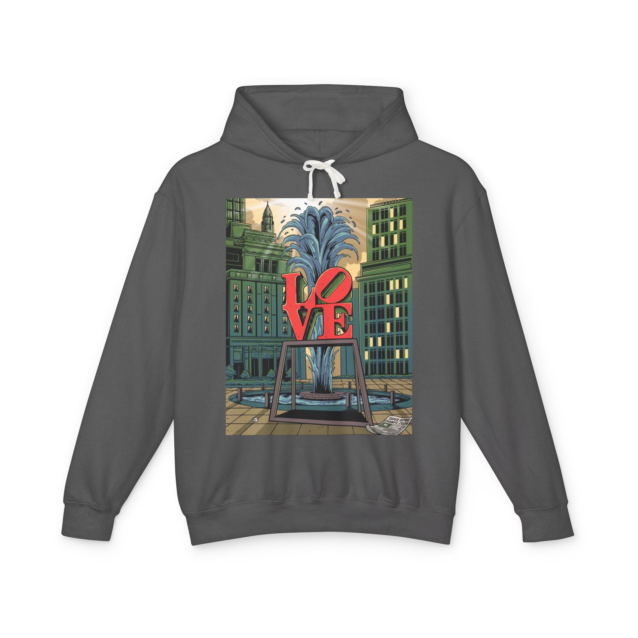 LOVE Fountain Hoodie — Retro Cityscape Graphic Pullover