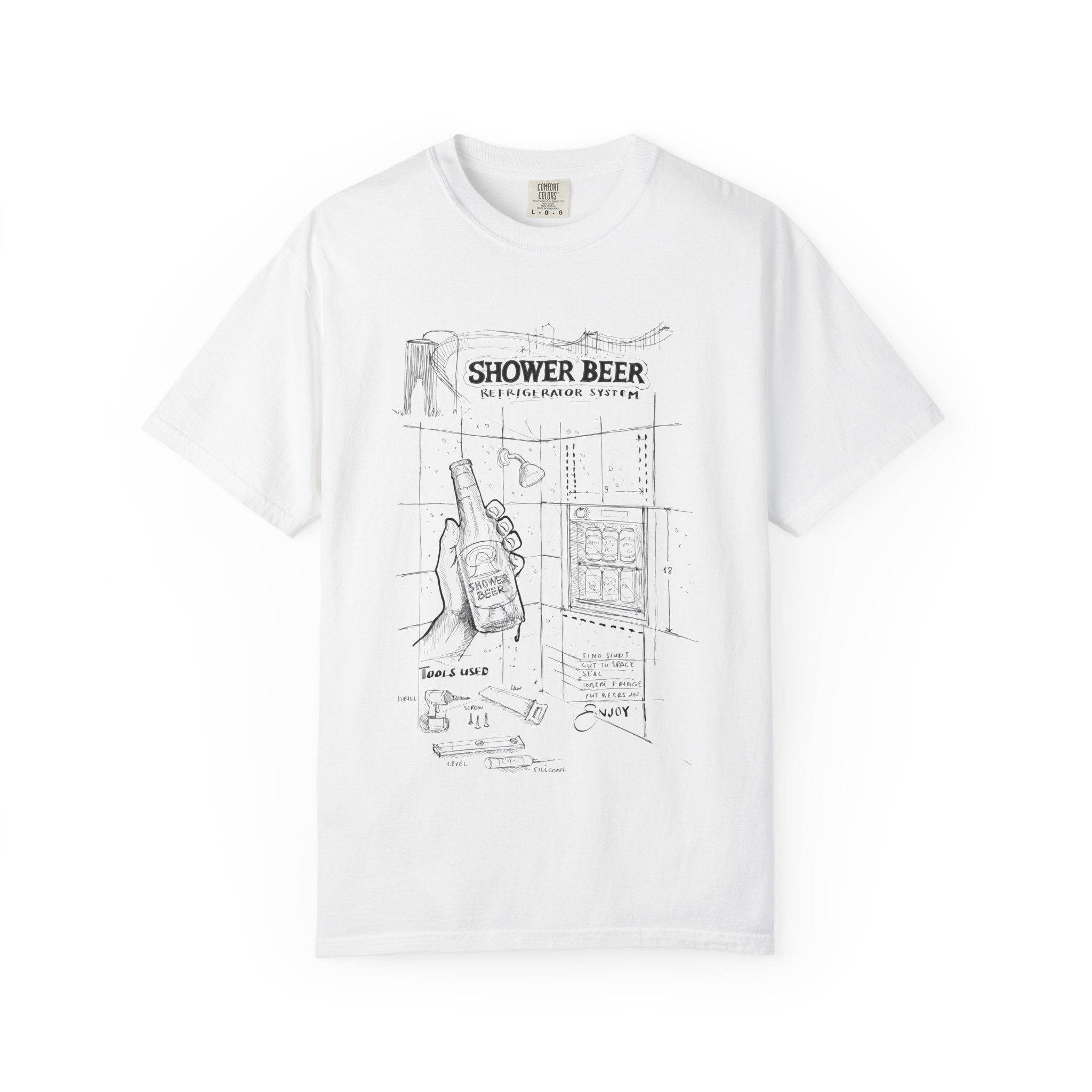 SHOWER BEER Blueprint T-Shirt / Funny Shower Beer Diagram Tee