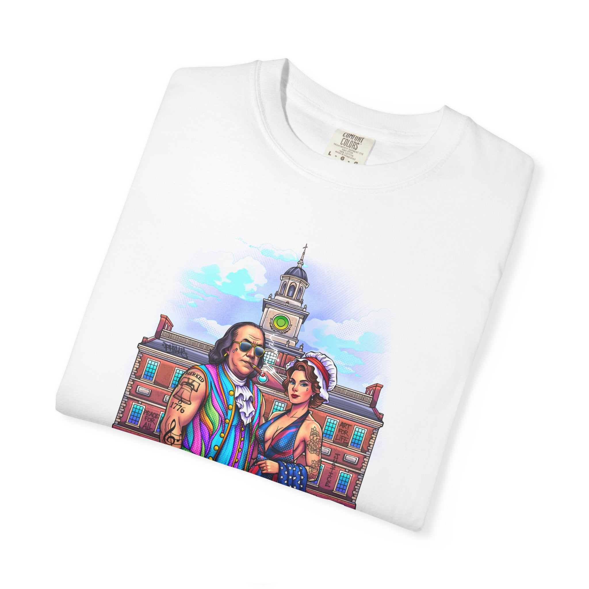 Declaration of Drip T‑Shirt /Ben and Betsy Colonial Campus Streetwear (Est. 1682)