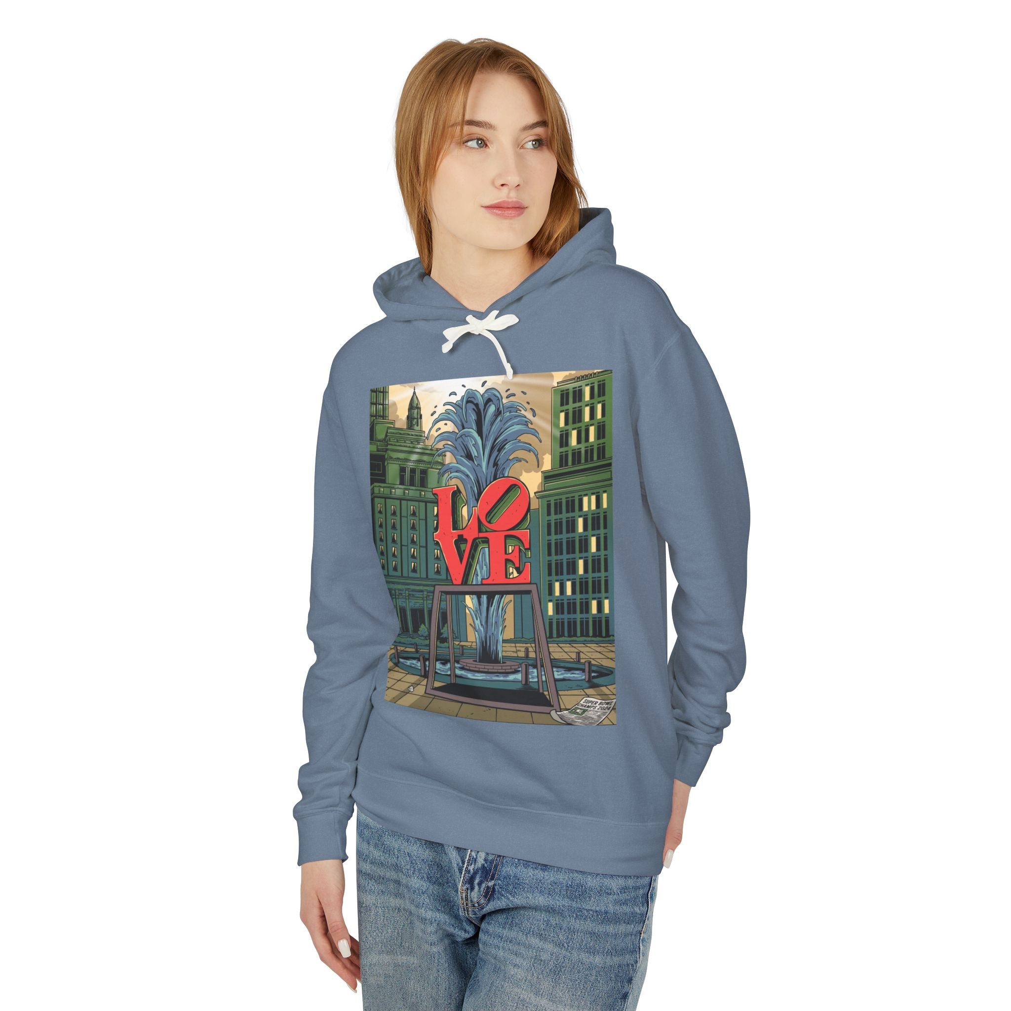 LOVE Fountain Hoodie — Retro Cityscape Graphic Pullover