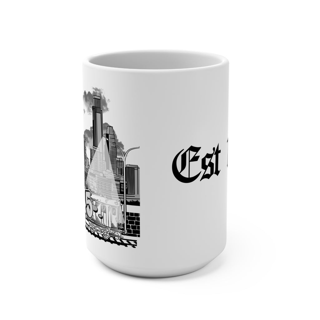 215 Street Art/Philly Skyline (Black and White) 15oz Coffee Mug — Vintage Gothic Script