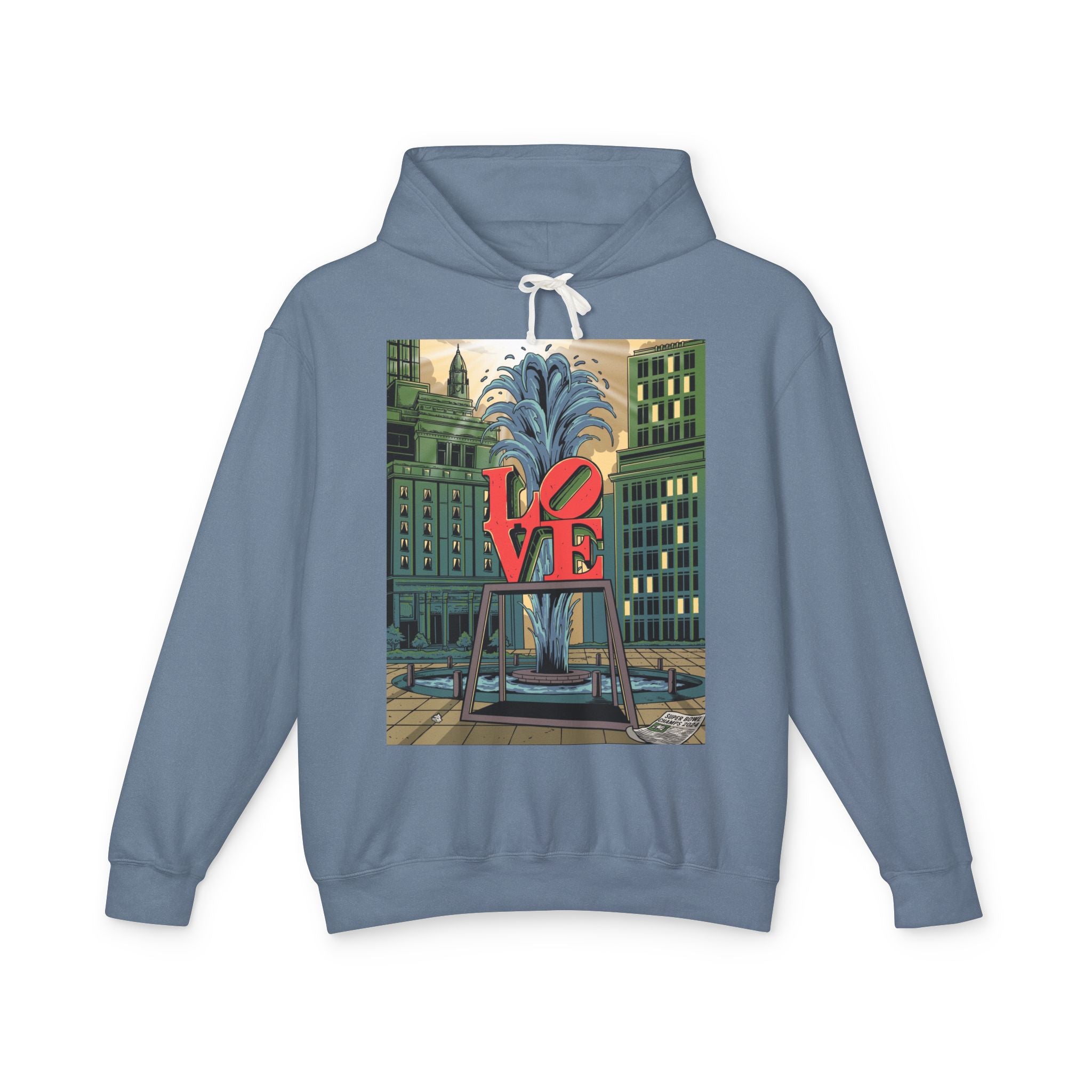 LOVE Fountain Hoodie — Retro Cityscape Graphic Pullover