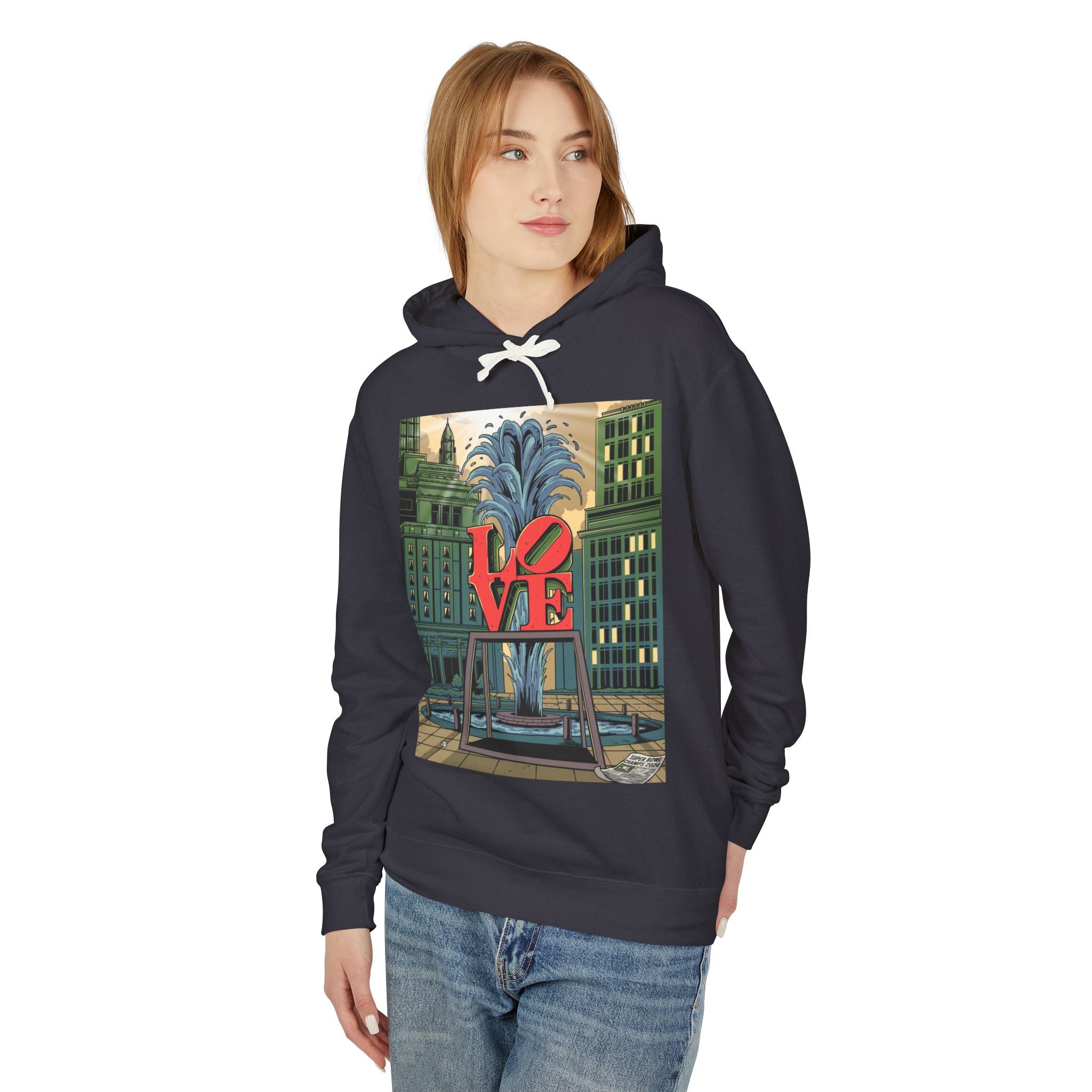 LOVE Fountain Hoodie — Retro Cityscape Graphic Pullover