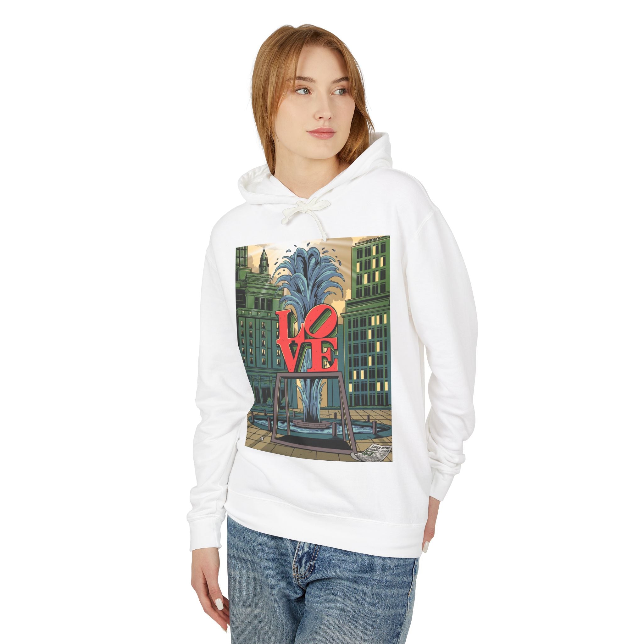LOVE Fountain Hoodie — Retro Cityscape Graphic Pullover