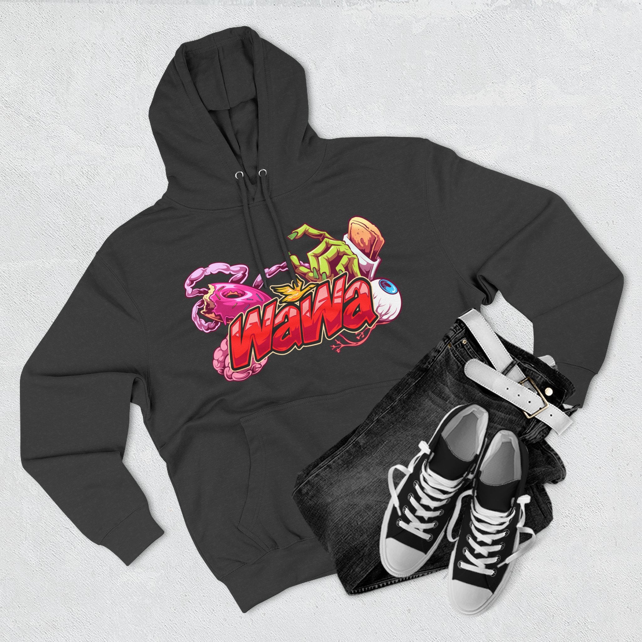 Wawa Graphic Hoodie / Colorful Streetwear Pullover with Cartoon Logo
