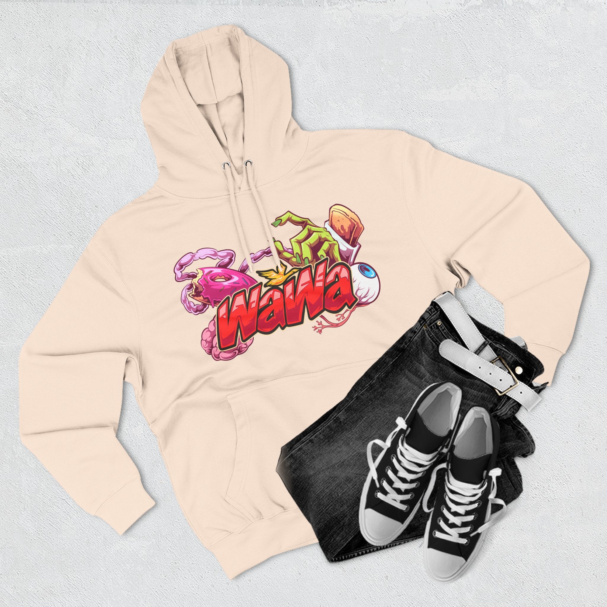 Wawa Graphic Hoodie / Colorful Streetwear Pullover with Cartoon Logo