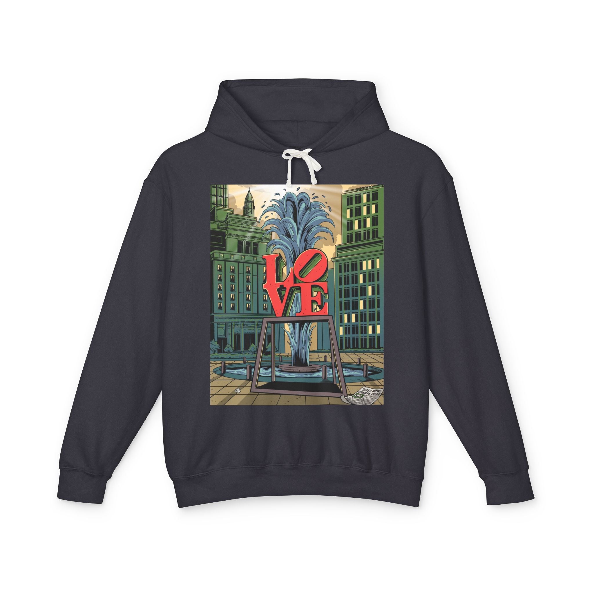 LOVE Fountain Hoodie — Retro Cityscape Graphic Pullover