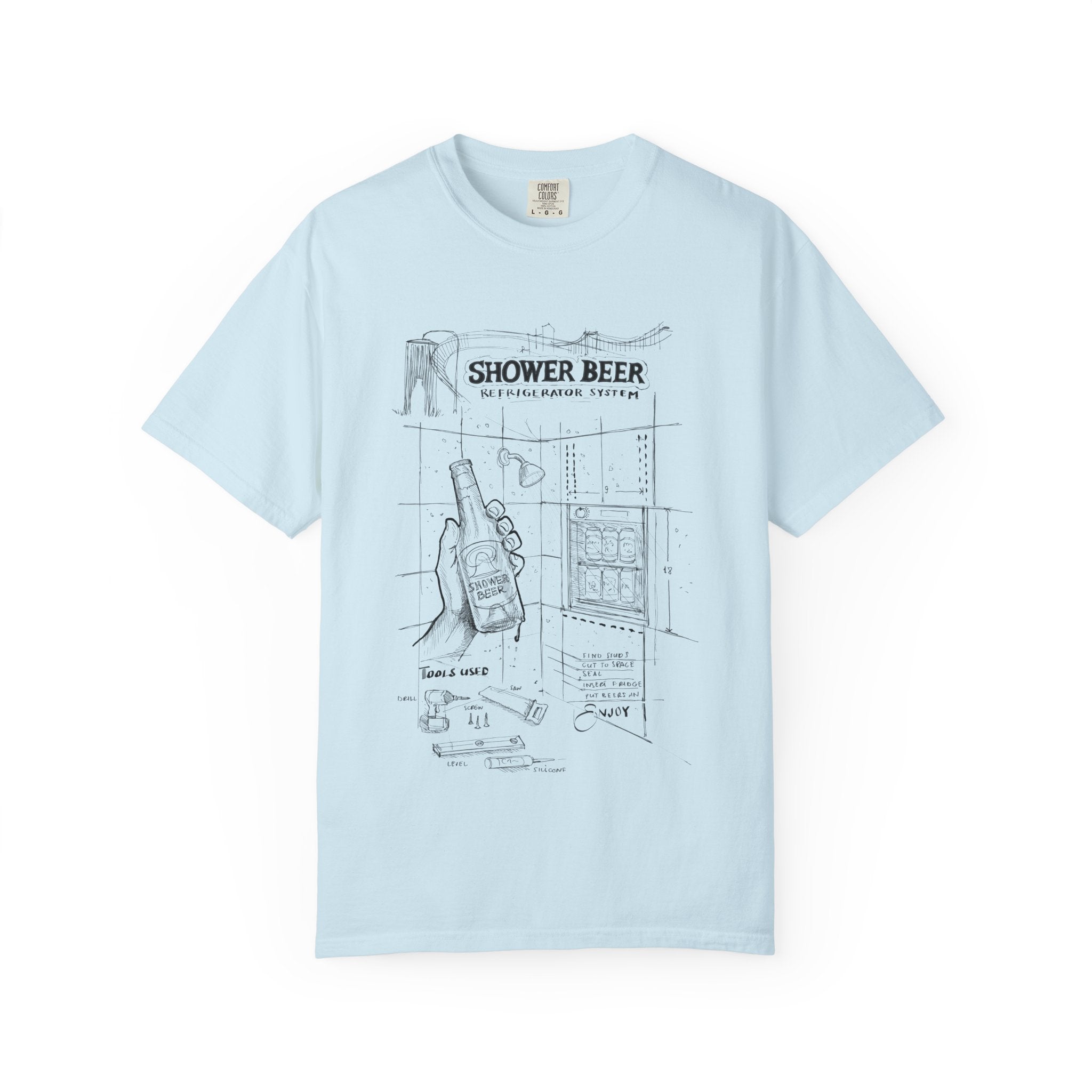 SHOWER BEER Blueprint T-Shirt / Funny Shower Beer Diagram Tee