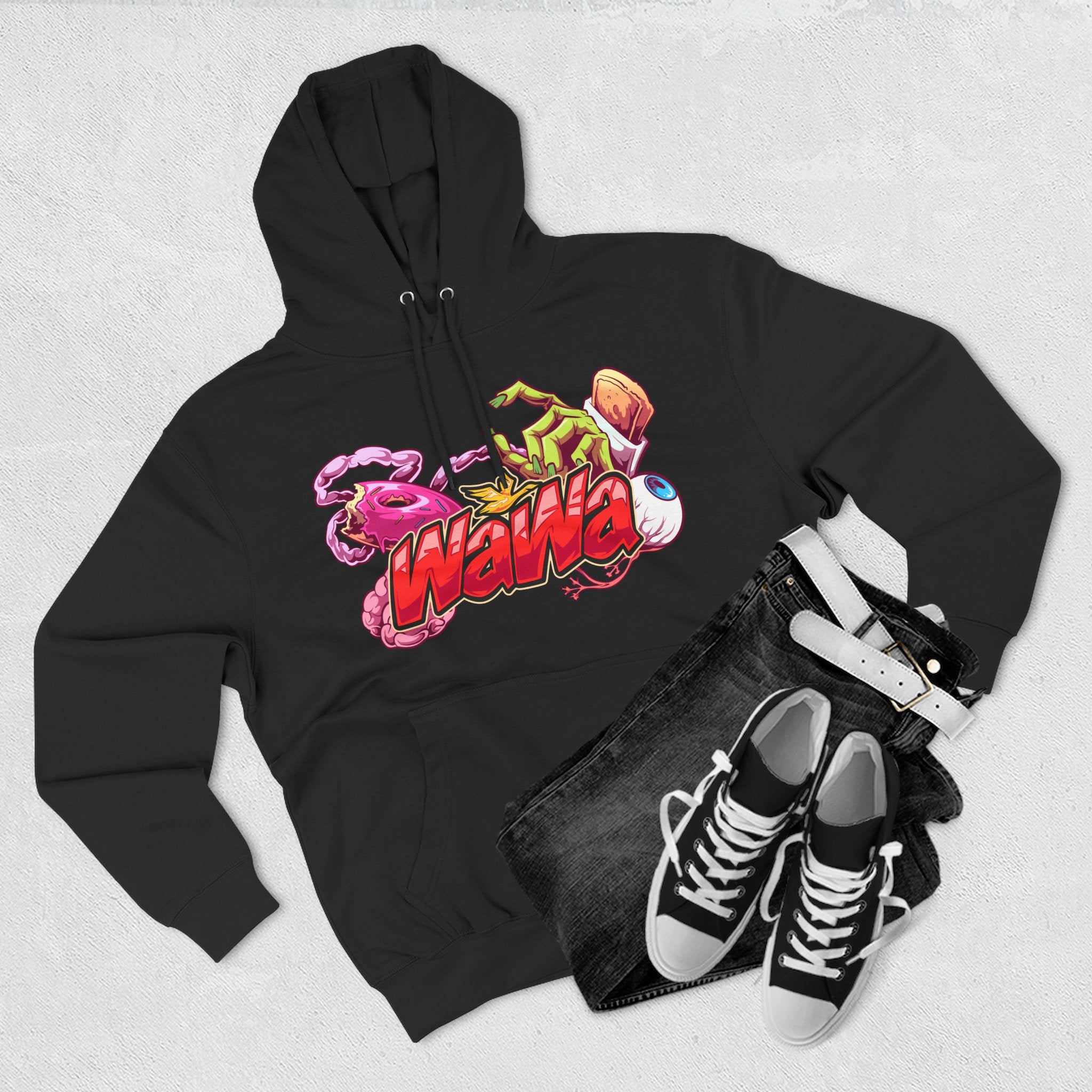 Wawa Graphic Hoodie / Colorful Streetwear Pullover with Cartoon Logo