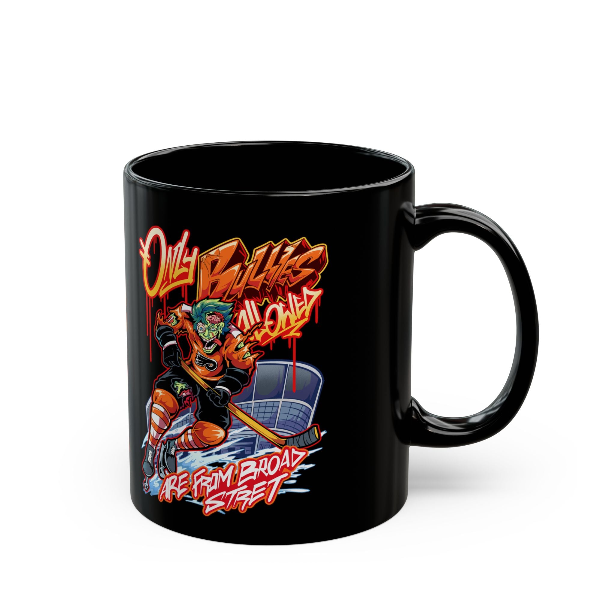 FLYERS Zombie Skater Street Art Black Mug – 'Only Bullies Allowed are from Broad Street' Neon Skateboard Design (11oz/15oz)