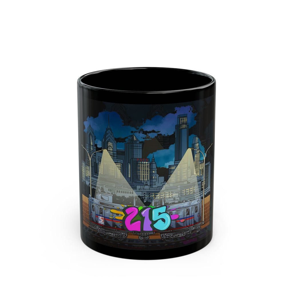 215 Philly Cityscape Black Mug / Graffiti Skyline Coffee Cup (11oz & 15oz)