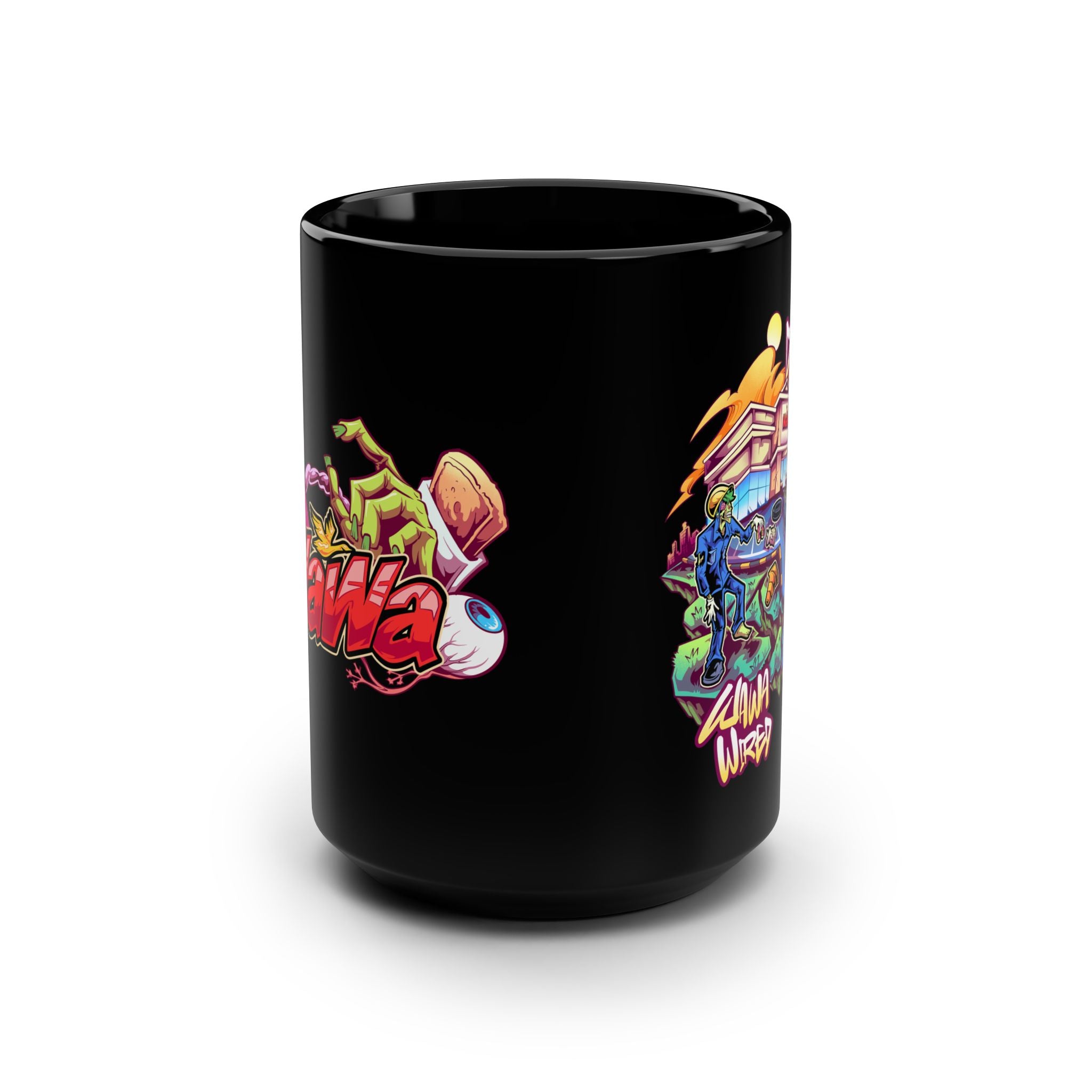 15oz Black Mug — Colorful WAWA Graffiti Design (“Dead Tired” & WaWa Wired)