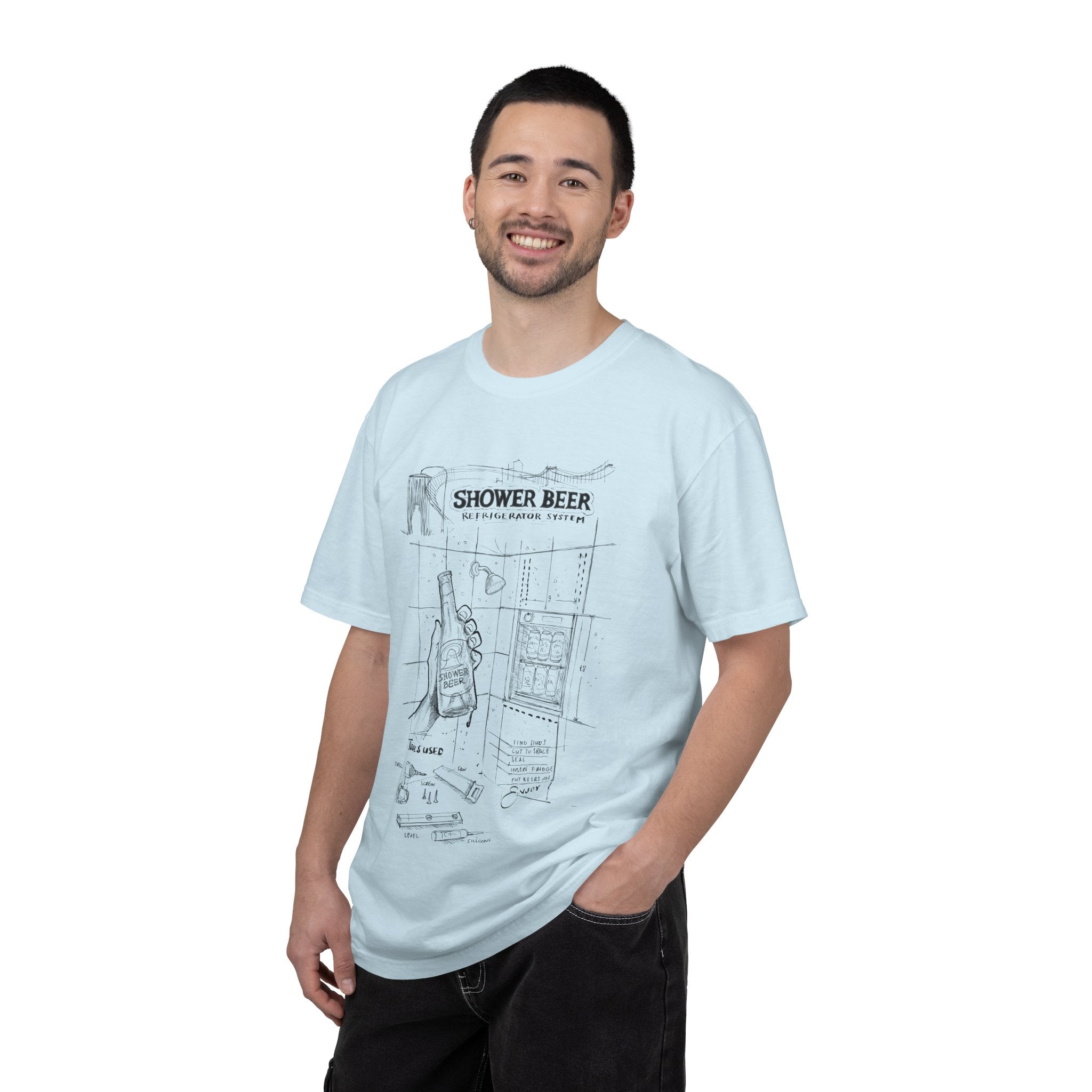 SHOWER BEER Blueprint T-Shirt / Funny Shower Beer Diagram Tee