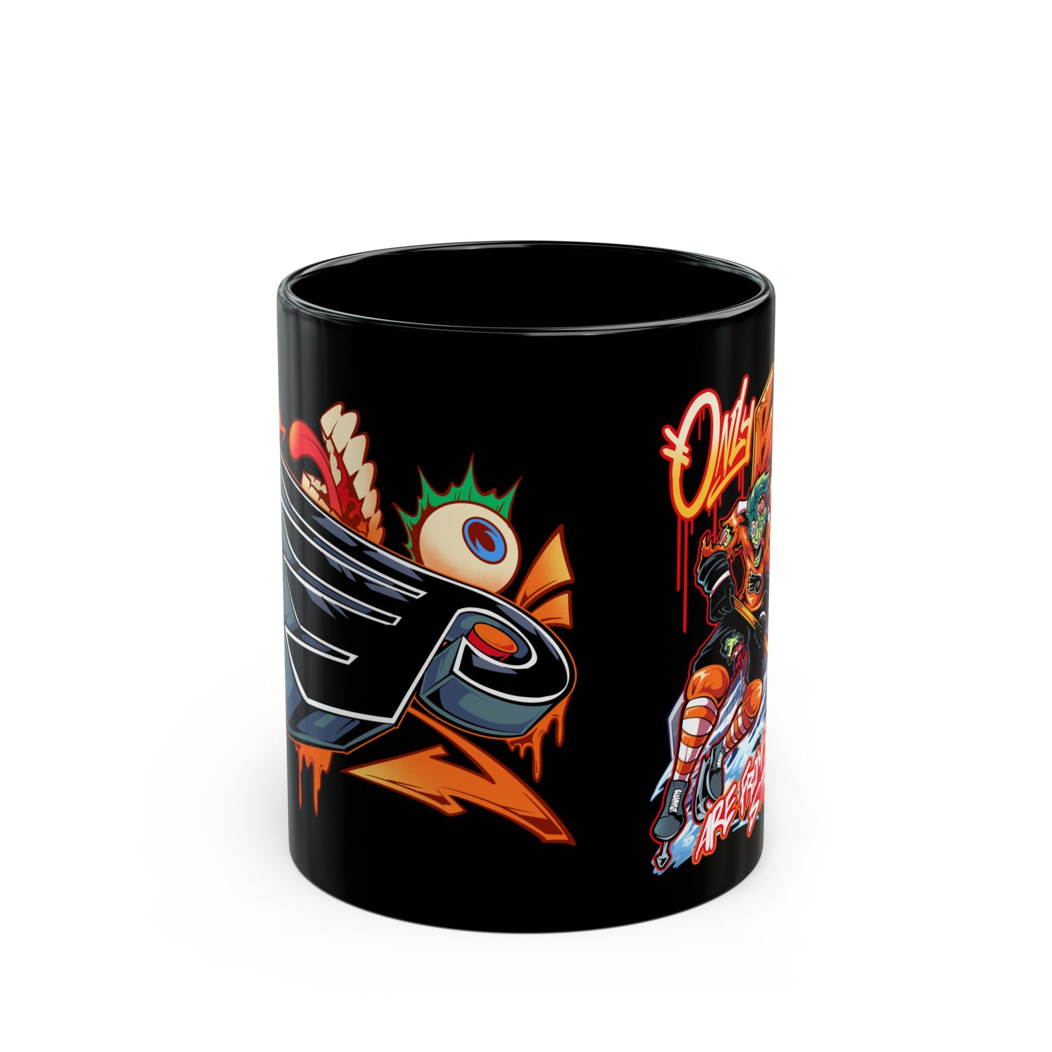 FLYERS Zombie Skater Street Art Black Mug – 'Only Bullies Allowed are from Broad Street' Neon Skateboard Design (11oz/15oz)