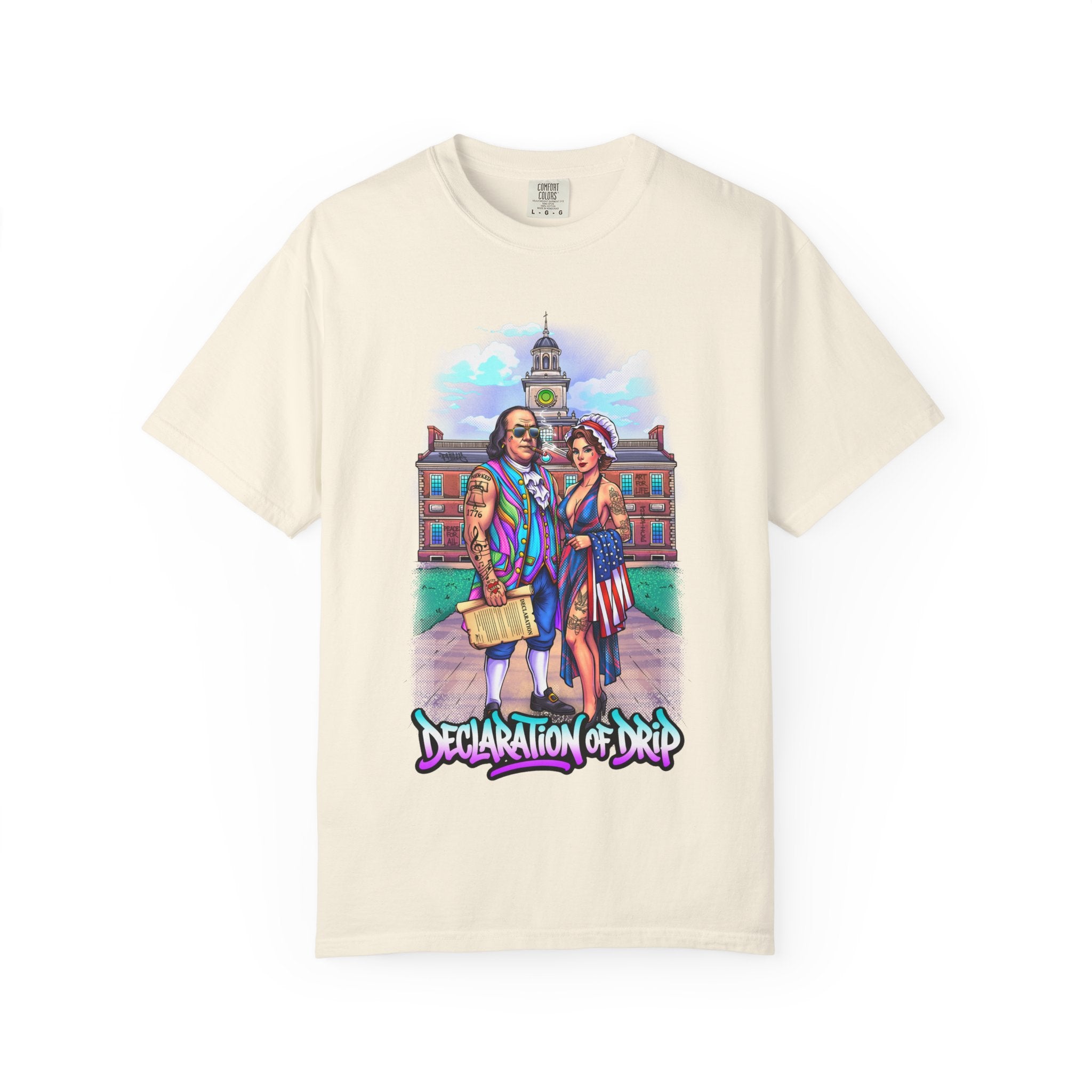 Declaration of Drip T‑Shirt /Ben and Betsy Colonial Campus Streetwear (Est. 1682)