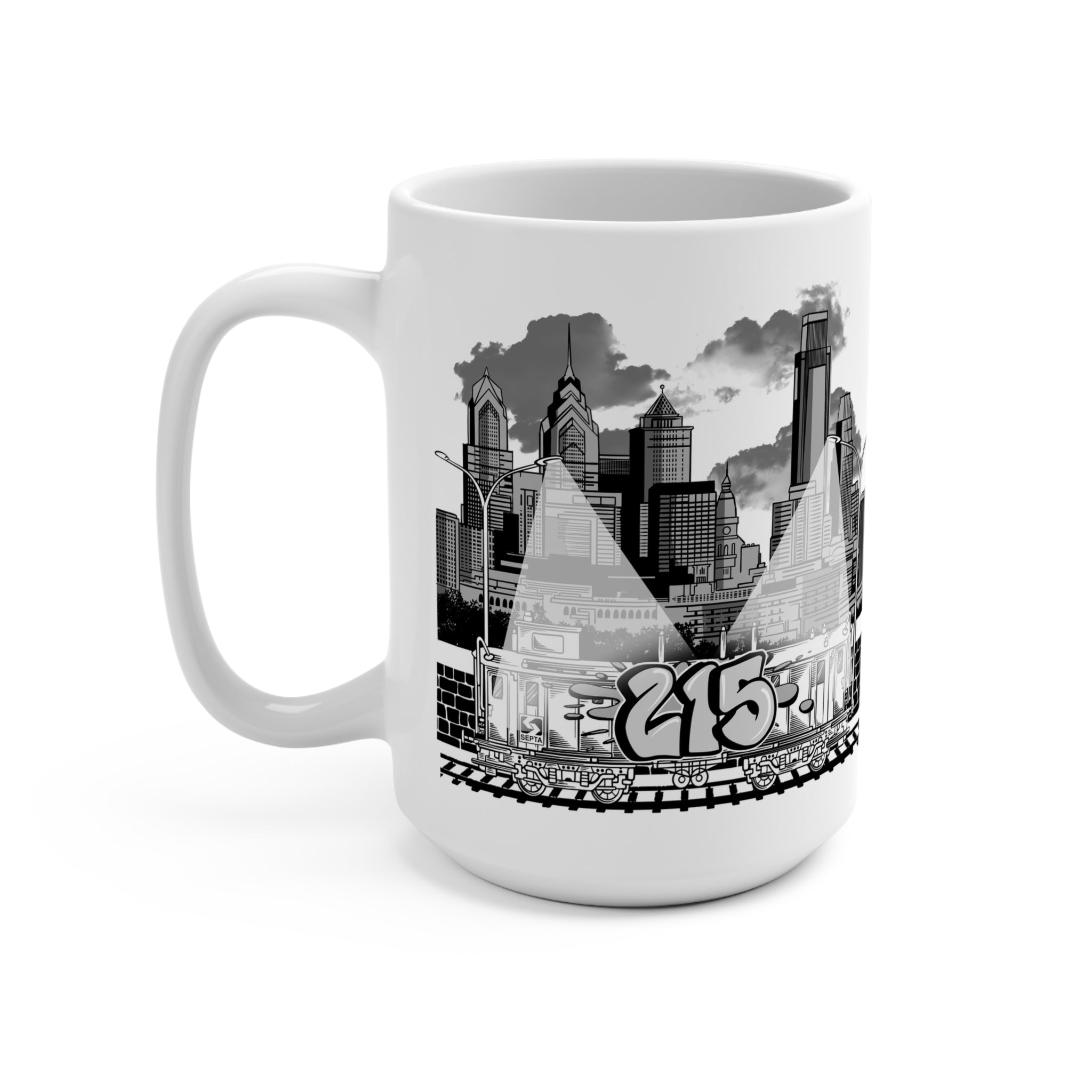 215 Street Art/Philly Skyline (Black and White) 15oz Coffee Mug — Vintage Gothic Script
