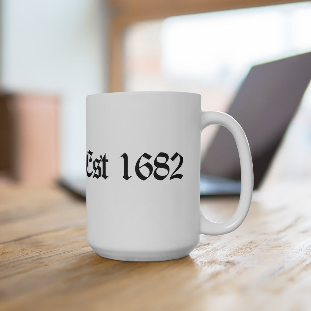 215 Street Art/Philly Skyline (Black and White) 15oz Coffee Mug — Vintage Gothic Script