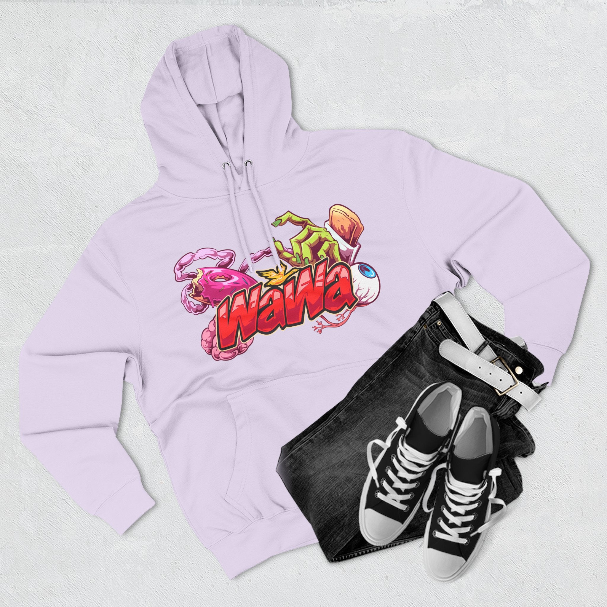 Wawa Graphic Hoodie / Colorful Streetwear Pullover with Cartoon Logo