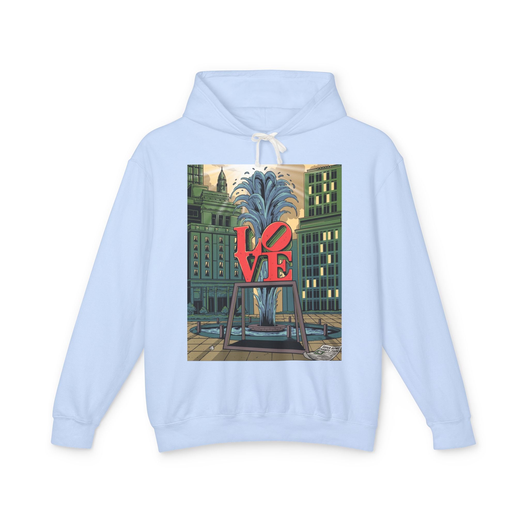 LOVE Fountain Hoodie — Retro Cityscape Graphic Pullover
