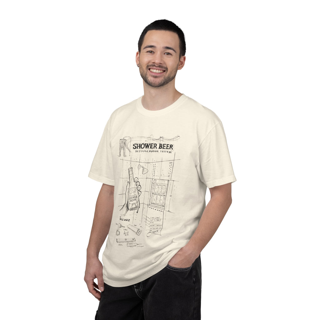 SHOWER BEER Blueprint T-Shirt / Funny Shower Beer Diagram Tee