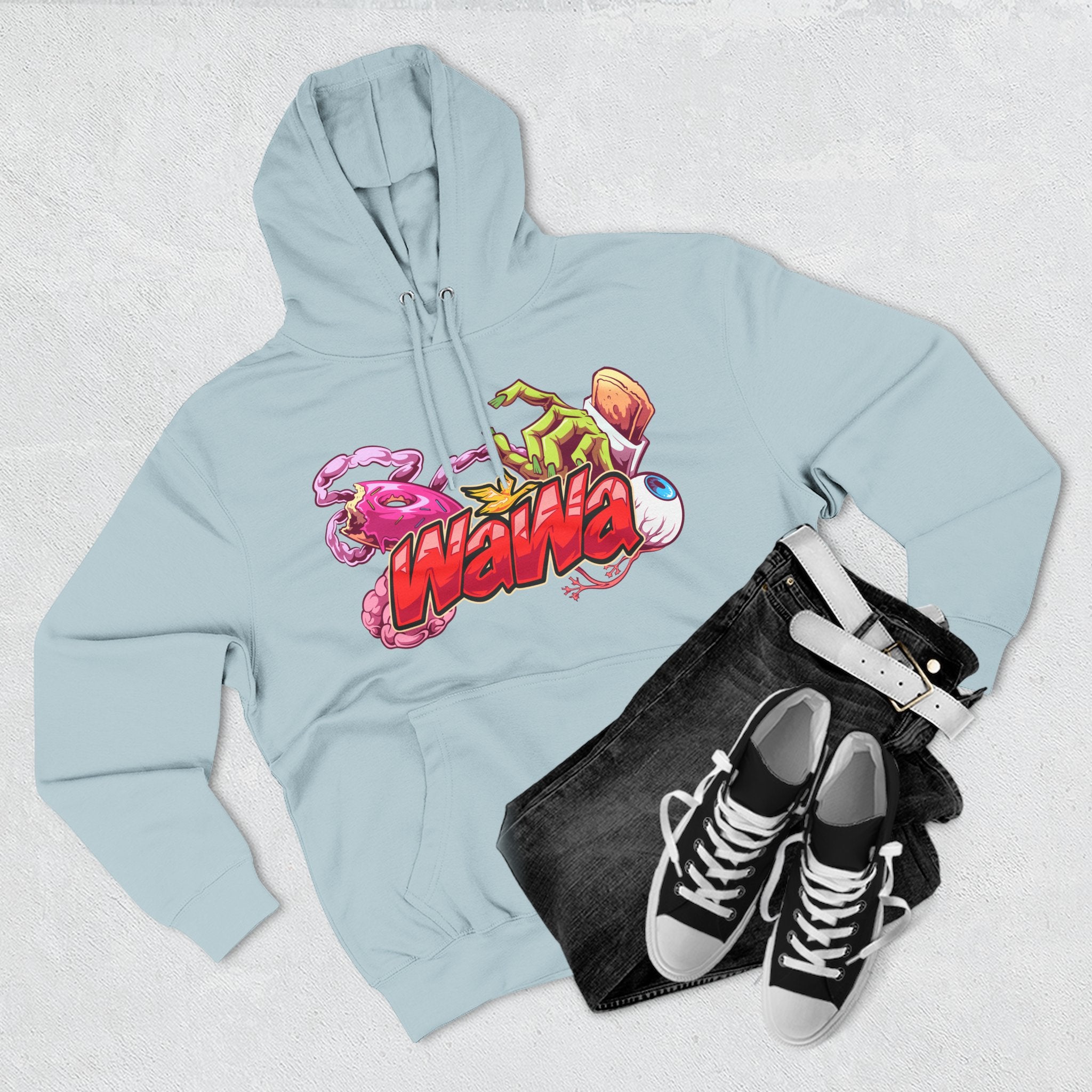 Wawa Graphic Hoodie / Colorful Streetwear Pullover with Cartoon Logo